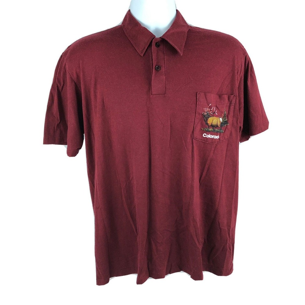 Sportswear Vintage 70s Golf Polo Shirt Colorado‎ Travel Elk Deer Size Large